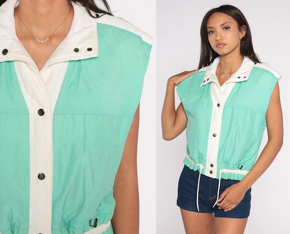 Mint Green Ski Vest 80s Puffer Vest Retro Puffy Sleeveless Jacket Snap Up Nylon Poly Fill Skiwear Winter Drawstring Vintage 1980s Medium M