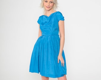 Vestido de fiesta de los años 50, vestido de cóctel azul Lorrie Deb, vestido retro formal de baile de graduación con lazo en la espalda, cintura alta, mangas cortas, escote barco, estilo vintage, años 70, talla extra pequeña xs