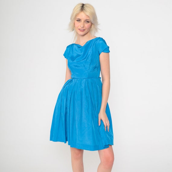 50s Party Dress Blue Lorrie Deb Cocktail Dress Bow Back Mini Retro Formal Prom High Waist Cap Sleeve Boatneck Vintage 1970s Extra Small xs