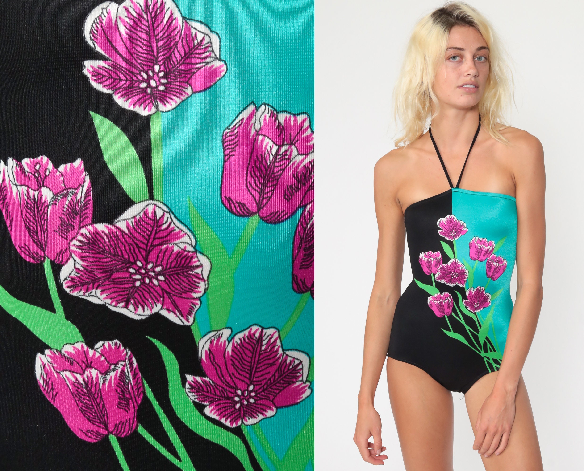 Floral One Piece Bathing Suit Turquoise Swimsuit 70s Swimsuit Hippie Boho 1970s Swim Vintage Onepiece Pin Up Halter Extra Small Xs 0