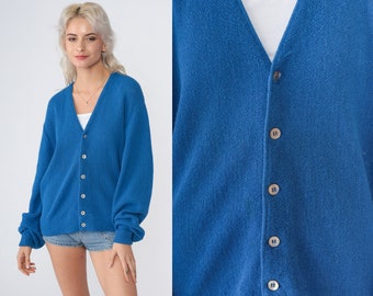 Blue Cardigan 70s Alpaca Wool Button Up Knit Sweater Retro Plain Grandpa Sweater Slouchy Boho Preppy Knitwear Bohemian Vintage 1970s Large L