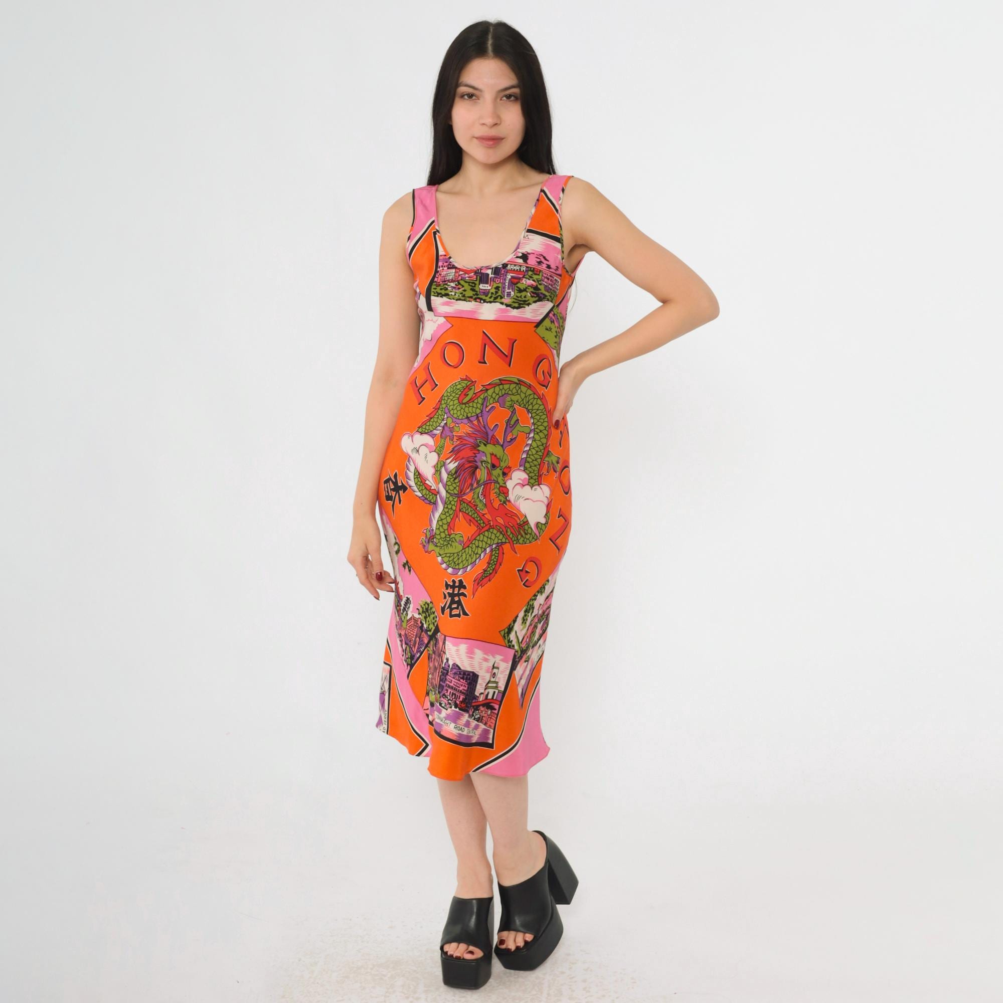 Vintage Tibi Silk Dragon Print Dress Y2K Hong Kong Graphic
