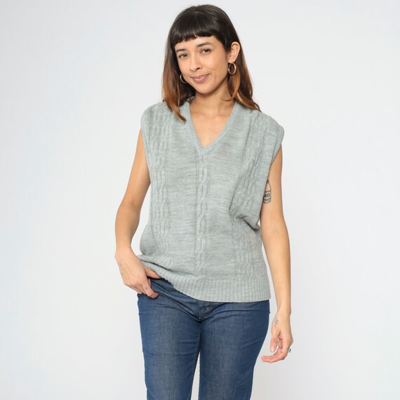90s Cable Knit Vest Grey Sweater Top Sleeveless Sweater 1990s Sleeveless Pullover Vintage Cableknit V Neck Large L