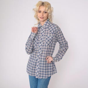 80s Plaid Western Shirt Blue Pearl Shirt Thin Button Up Rodeo Shirt Cowboy Rodeo 1980s Vintage Long Sleeve Rockabilly White Medium