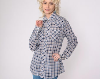 80er Jahre Karo Westernhemd Blau Perlenhemd Dünnes Button Up Rodeo Hemd Cowboy Rodeo 1980er Jahre Vintage Langarm Rockabilly Weiß Medium