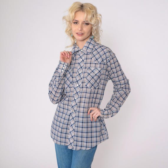 80s Plaid Western Shirt Blue Pearl Shirt Thin Button Up Rodeo Shirt Cowboy Rodeo 1980s Vintage Long Sleeve Rockabilly White Medium