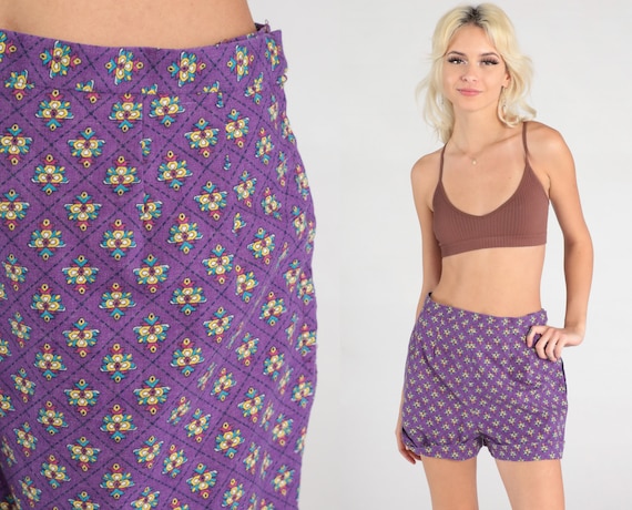 Purple Trouser Shorts 70s Geometric Shorts High Waisted Shorts 1970s Cuffed Shorts Vintage Summer Bottoms Small S