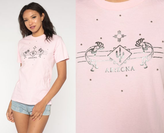 Arizona T Shirt Y2K Kokopelli Tshirt Baby Pink Metallic Studded Graphic Tee Desert Print Tourist Tee Southwestern T-Shirt 00s Small S