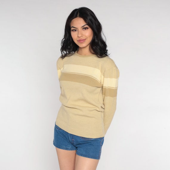 Tan Striped Sweater 80s Pullover Knit Sweater Ret… - image 4