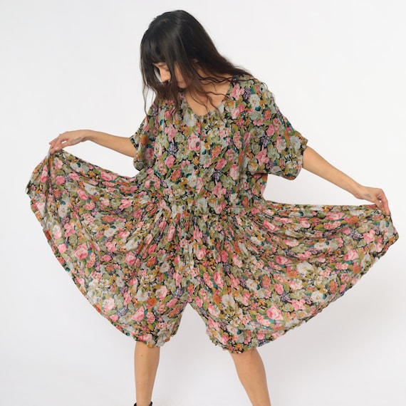 90s Floral Palazzo Romper Wide Leg Jumpsuit Sheer Cotton V Neck Drop Waist Cottagecore Short Kimono Sleeve Pink Blue Green Plus Size XXL