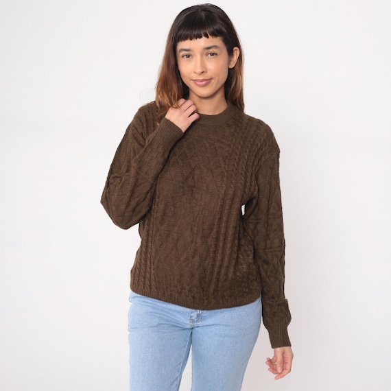 Brown Cable Knit Sweater 90s Chunky Pullover Textured Vintage Cozy Winter Chocolate Earth Tone Warm Autumn Fall Relaxed Classic Large L