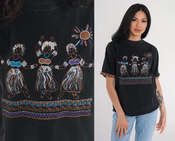 Hula Dancer Shirt 90s Hawaii T-Shirt Retro Elephant Turtle Hawaiian Graphic Tee Cuffed Sleeve Cotton Black Brown Blue Vintage 1990s Medium M