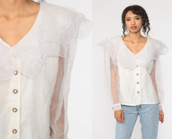 White Organza Blouse Sheer Ruffle Shirt 90s Button
