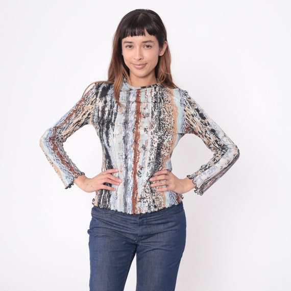 70s Striped Shirt Lettuce Edge Hem Psychedelic Blouse Boho Hippie Abstract Print Retro Seventies Long Sleeve Top Vintage 1970s Small Medium