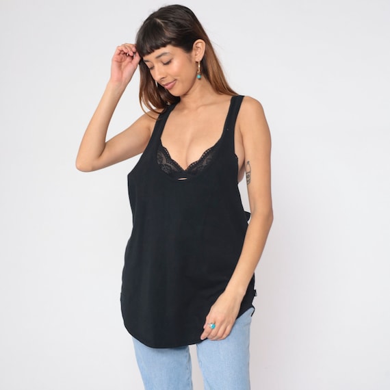 Black  Tank Top 90s Low Armhole Muscle Tee Racerback Tee Sleeveless Shirt Casual Basics Single Stitch Cotton Vintage 1990s Extra Large xl