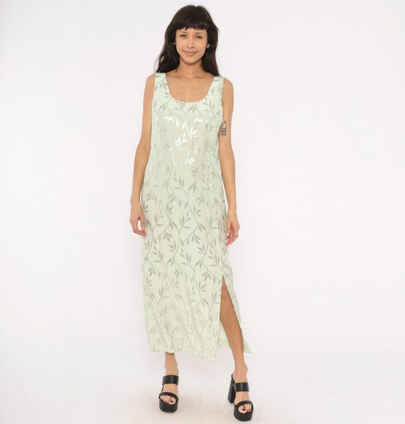 Sage Leaf Print Maxi Dress 90s Sleeveless Scoop Neck Column Gown Mint Green Vine Pattern Side Slit Ankle Length Tank Frock Vintage Large L
