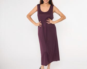 90s Purple Shift Dress Ankle Length Maxi Dress Sleeveless Scoop Neck Tank Dress Basic Plain Simple Minimalist Vintage 1990s Extra Large xl