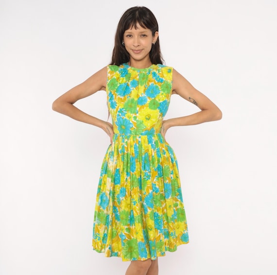 60s Floral Sundress Yellow Green Blue Daisy Pleated Sleeveless Cotton Fit And Flare Summer Garden Party Flower Power Vintage Extra Small XS