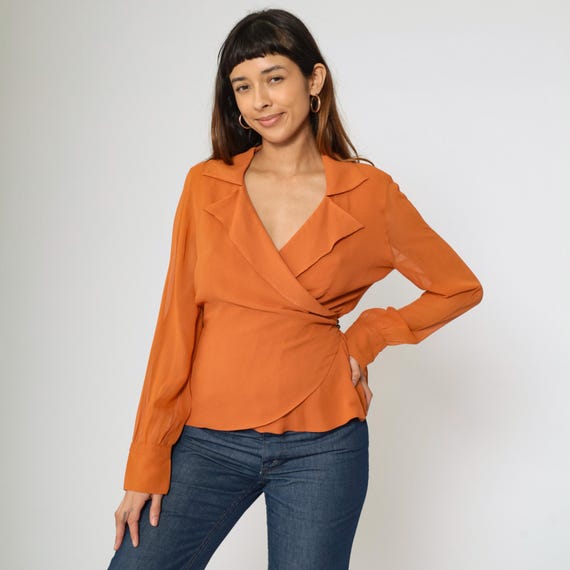 Vintage Burnt Orange Wrap Blouse 90s Long Sleeve Draped V Neck Deep Collar Sheer Lightweight 1990s Chetta B Evening Top Small S