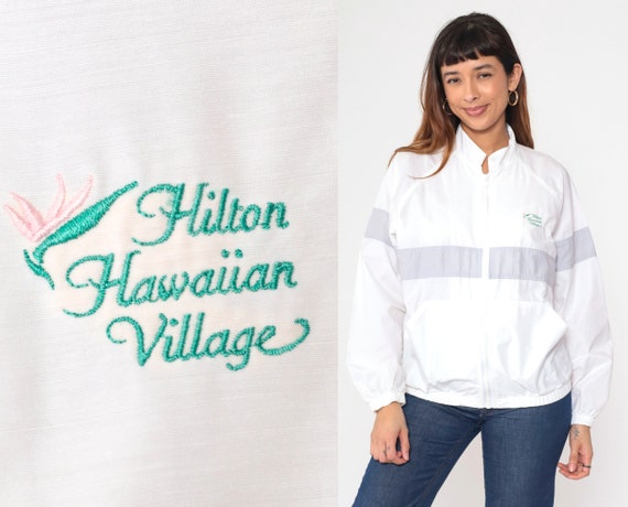 Hilton Hawaiian Village Windbreaker 80s White Zip… - image 1