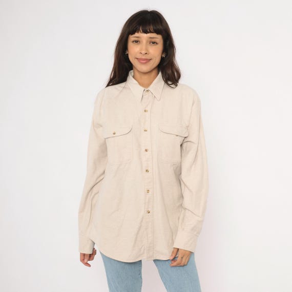 90s Flannel Button Front Shirt Cream Two Pocket Long Sleeve Cotton Work Wear Neutral Beige Unisex Casual Camp Vintage Extra Large XL