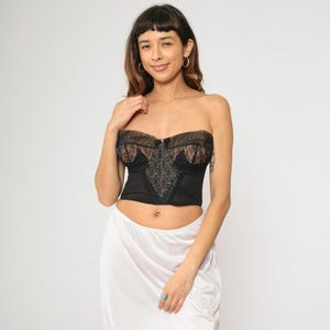 Vintage 1950s Black Strapless Bustier Bra Embroidered Floral Lace Sheer Mesh Boned Corset Lingerie Top 50s Lilees by Lily of France 38 C
