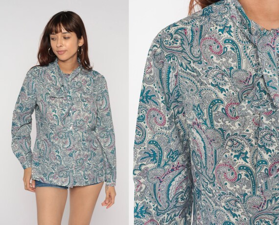 Paisley Ascot Blouse 70s Neck Tie Top Teal Psychedelic Shirt Vintage Bow 1970s Button Up Boho Long Puff Sleeve Bohemian Vintage Medium