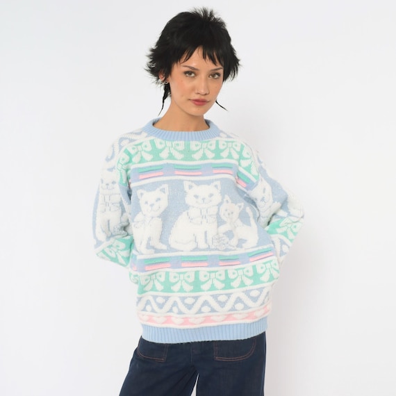 90s Cat Sweater Teal White Pastel Kitten Novelty Knit Pullover Crew Neck Long Sleeve Metallic Sparkle Mint Blue Pink Heart Vintage Medium M