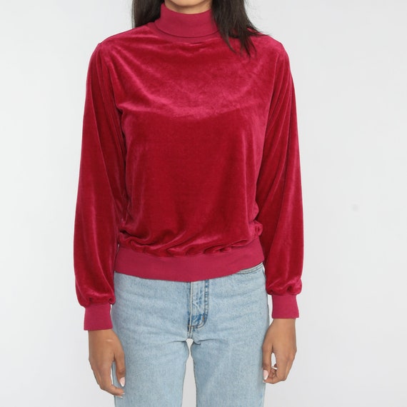 Raspberry Red Velour Sweatshirt 80s Turtleneck Sw… - image 4