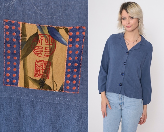 Asian Inspired Blouse Chop Stamp Patch Shirt 90s Solid Blue Shirt Vintage Button Up Long Sleeve 1990s Textured Embossed Yoke Small