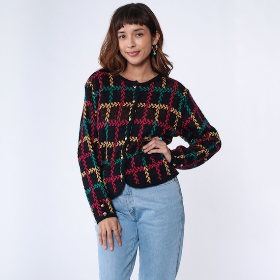 Vintage Checkered Cardigan Sweater -- 90s Black Dark Academia Sweater Acrylic Knit Button Up Sweater Preppy 80s Red Green Yellow Chic Small