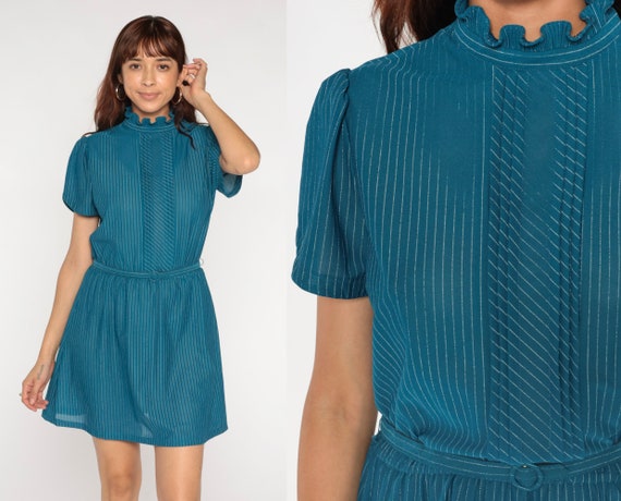 Puff Sleeve Dress Teal Mini 70s Secretary Dress S… - image 1