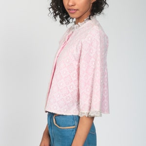 Lingerie Pajama Shirt 60s Pink Lace Pajamas Top Button Up Sleep Shirt Baby Pink Pastel Vintage 70s Pajama Top Pinup Sexy Small image 5