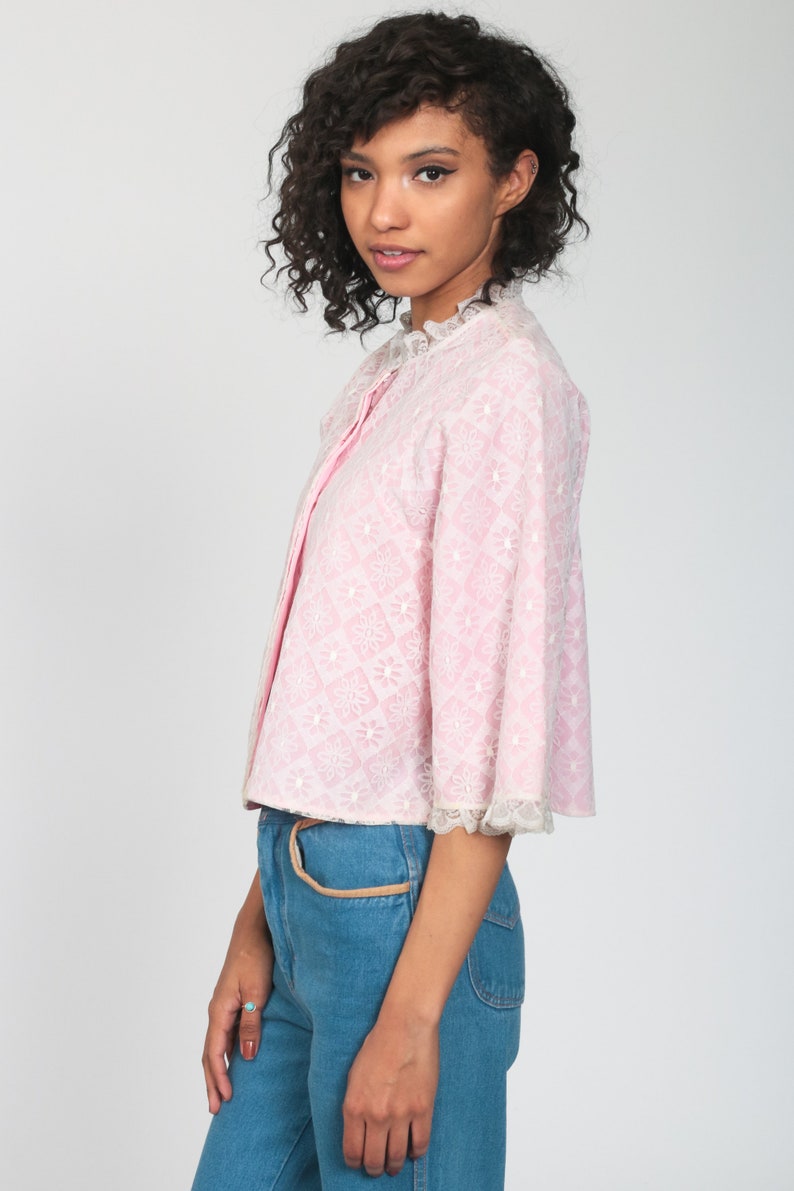 Lingerie Pajama Shirt 60s Pink Lace Pajamas Top Button Up Sleep Shirt Baby Pink Pastel Vintage 70s Pajama Top Pinup Sexy Small image 5