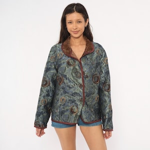 Y2K Tapestry Swirl Jacket Yak Magik Blazer Woven Spiral Coat Blue Green Brown Artisan Reversible Embroidered Bohemian Vintage Extra Large XL