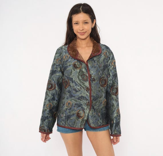 Y2K Tapestry Swirl Jacket Yak Magik Blazer Woven Spiral Coat Blue Green Brown Artisan Reversible Embroidered Bohemian Vintage Extra Large XL