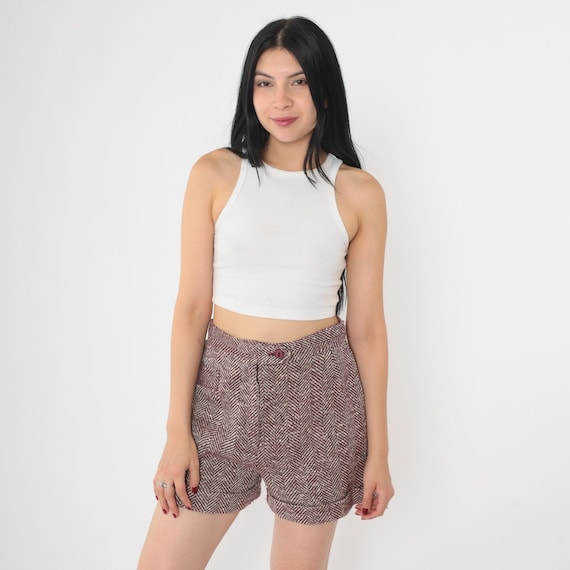 Vintage Wool Blend Herringbone Shorts 70s 80s High Waisted Burgundy White Trouser Shorts Cuffed Tailored Women's College Town Small S