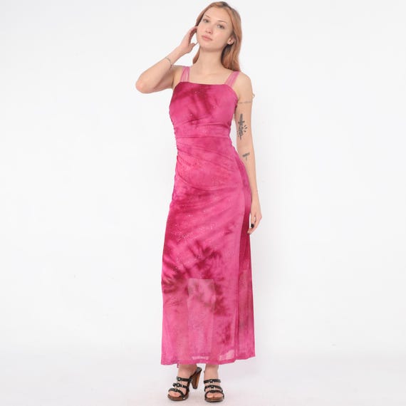Y2K Hot Pink Maxi Dress Sparkly Glitter Ruched Strappy Formal Prom Party 2000s Barbiecore Fuchsia Magenta Sheer Going Out Extra Small XS