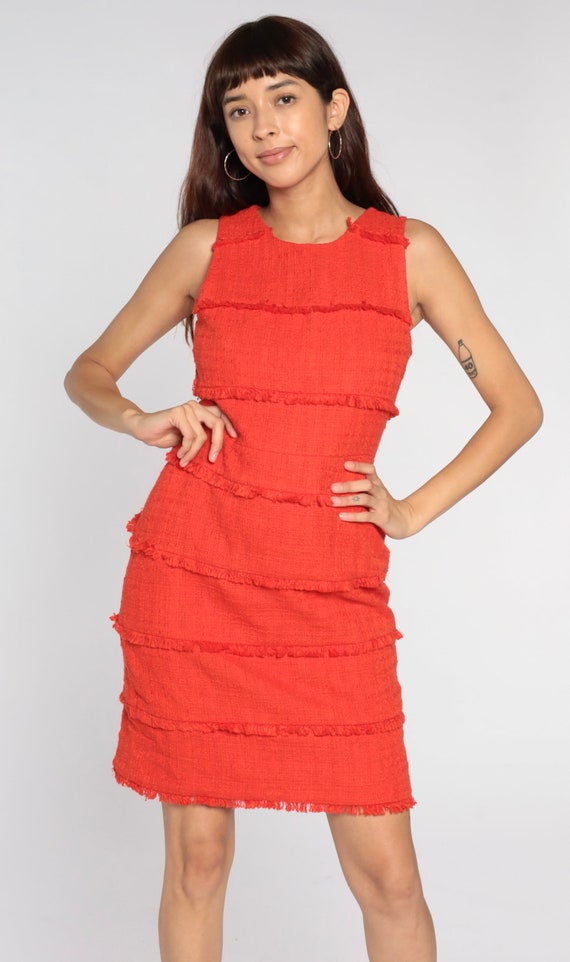 Orange Mini Dress Fringe Trim Sheath Dress Y2K Co… - image 3
