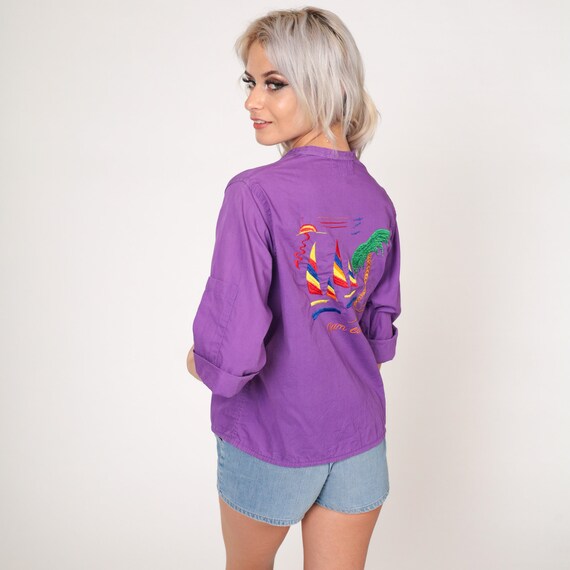 Cancun Shirt 80s Purple Button up Blouse Embroidered Top Sailboat Palm Tree Beach Yacht Boat Sailing Mexico Cotton Vintage 1980s Small S