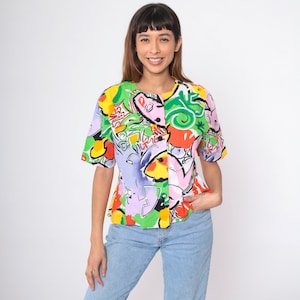 Abstract Tropical Blouse 90s Button Up Shirt Multi Geometric Swirl Print Short Sleeve Collarless Top 1990s Vintage Green Pink Yellow Medium