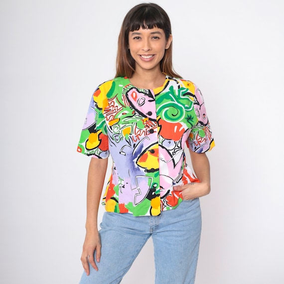 Abstract Tropical Blouse 90s Button Up Shirt Multi Geometric Swirl Print Short Sleeve Collarless Top 1990s Vintage Green Pink Yellow Medium