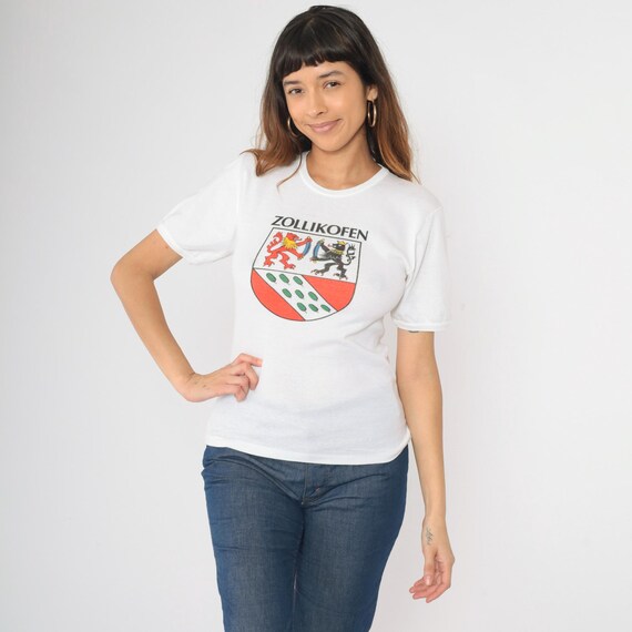 Vintage Zollikofen Switzerland T-Shirt 80s White Coat of Arms Graphic Tee Short Sleeve Single Stitch 1980s Travel Destination Small S