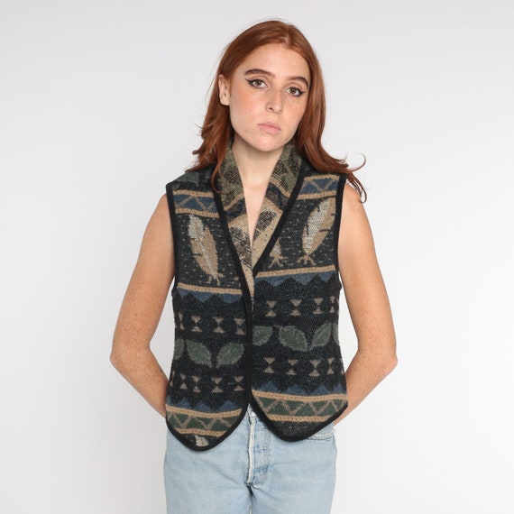 Tapestry Vest 90s Feather Leaf Print Blanket Vest Open Front Southwestern Sleeveless Top Western Hippie Wool Blend Vintage 1990s Small S