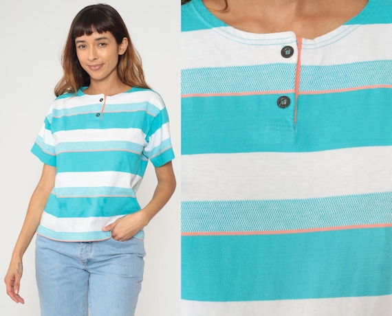 90s Striped Cotton Shirt Turquoise White Blue Button Placket Casual Top Teal Coral Vintage Summer Blouse Preppy Beach Style Small S
