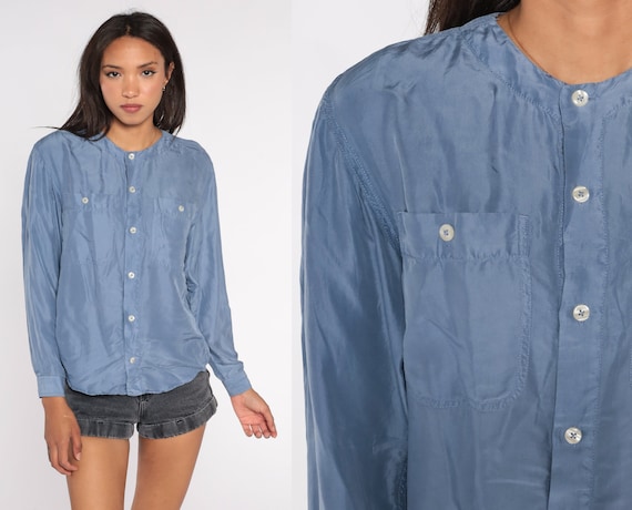 Blue Silk Blouse Y2k Button Up Shirt Retro Plain Simple Long Sleeve Top Chest Pockets Preppy Basic Button Down Vintage 00s Lizwear Small S