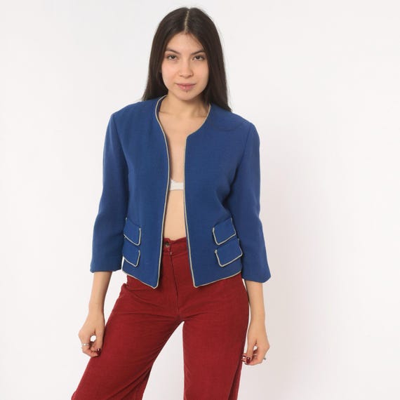 60s Cobalt Wool Blazer Open Front Cropped Jacket Cream Piping Trim Blue Three Quarter Sleeve Bobbie Brooks Royal Cardigan Vintage Small S
