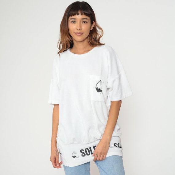 Nautical Sailboat Tee 80s Soleil White Oversized Short Sleeve Terrycloth Vintage Beach Shirt Summer Sun  Boat Print USA Made Medium M