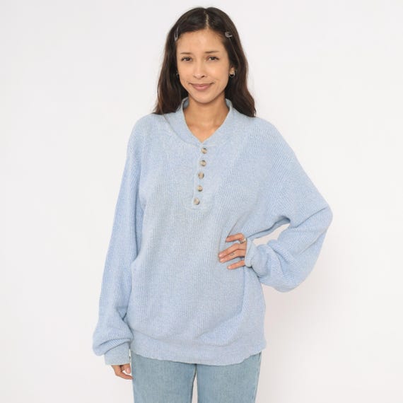 Baby Blue Henley Sweater Knit Pullover V Neck Ribbed Powder Sky Relaxed Fit Light Academia Grandpacore Cozy Vintage Knitted Extra Large XL