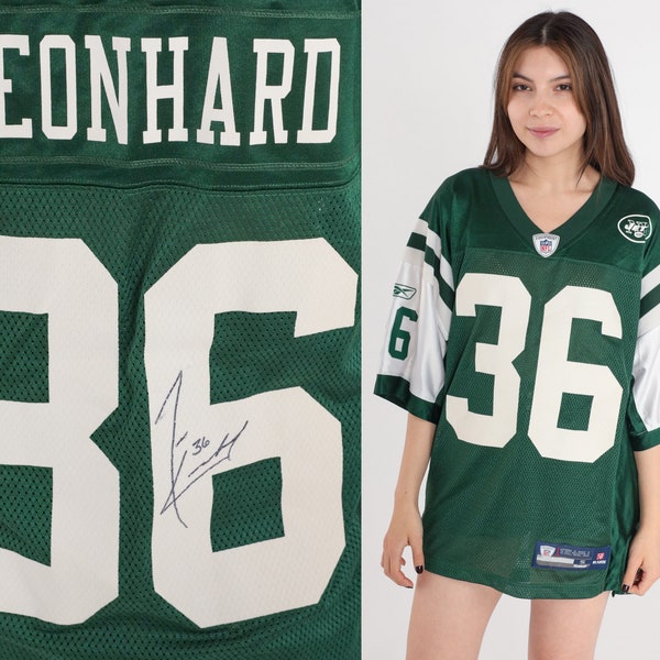 Signed Jim Leonhard Jersey New York Jets Football Shirt Mesh 00s NFL NY Jets Jersey Green Vintage Sports Onfield Reebok Extra Large xl